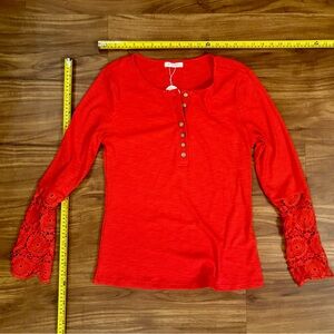 Red Fitted Long Sleeve Top with Lace sleeves NWT